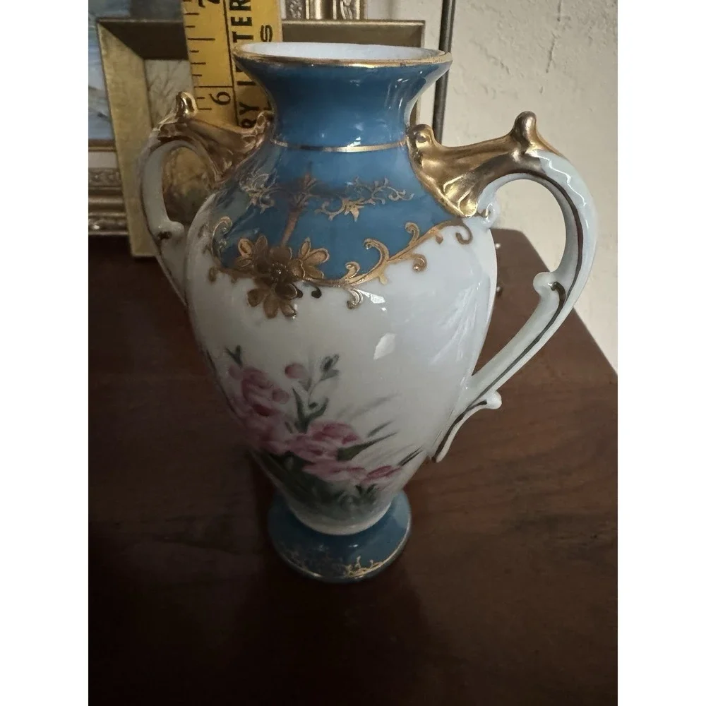 Vintage Japan Porcelain Mantle Vases Pair Hand Painted Blue Gold Gilt Floral 6